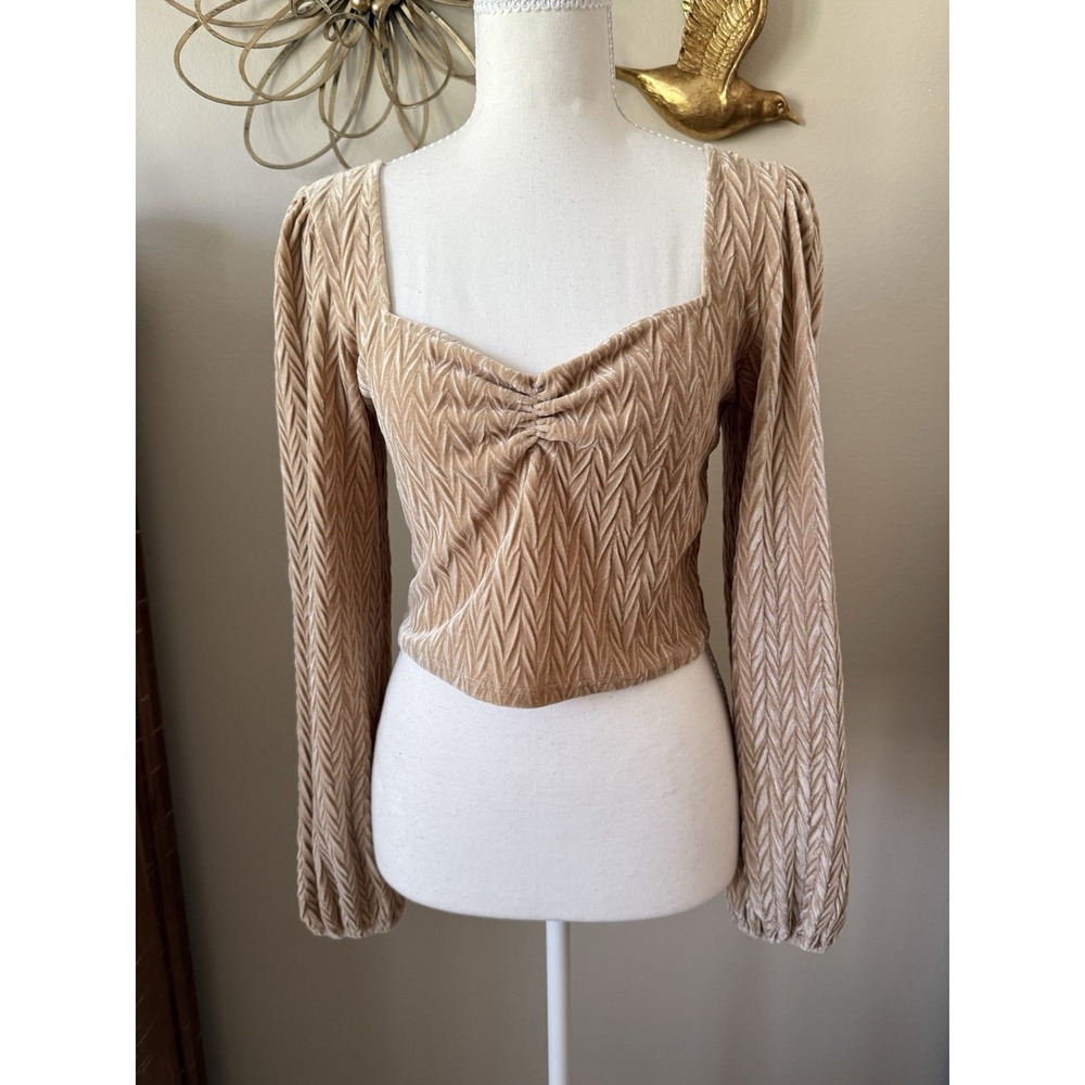 Sage The Label Velvet Corset Top M Beige Sweetheart Ruched Long Sleeve Y2K